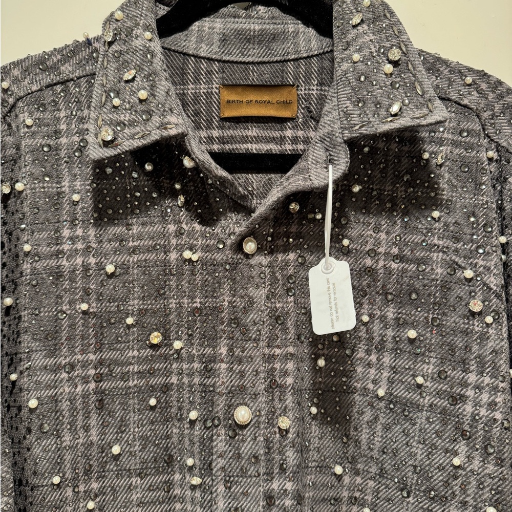Birth of Royal Child Gray Plaid Button Down Shirt with Diamond and Pearl Accents - Picture 2 of 10